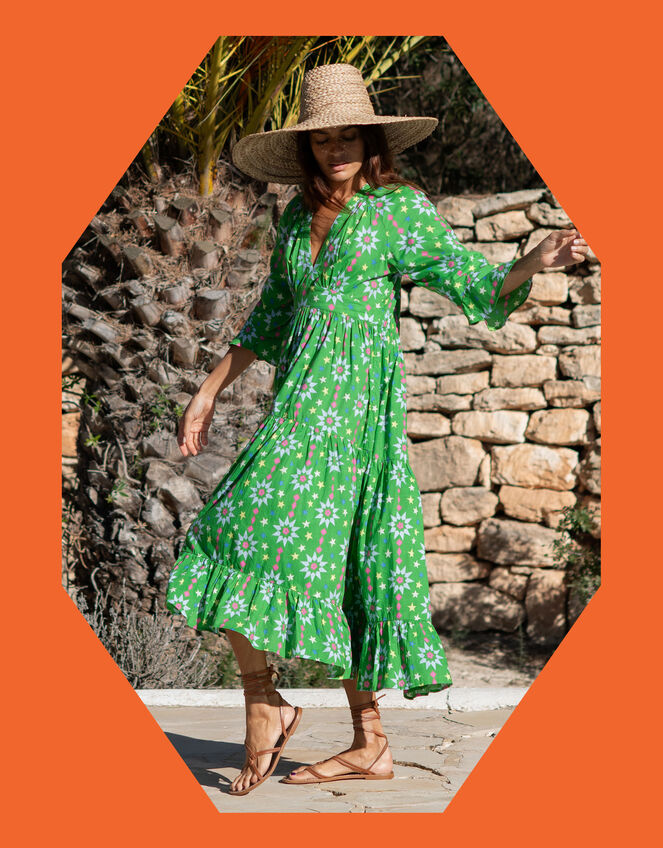 La Galeria Elefante Print Tiered Midi Dress, Green (GREEN), large