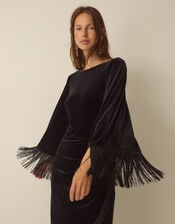 Tara Long Sleeve Fringe Velvet Midi Dress, Black (BLACK), large