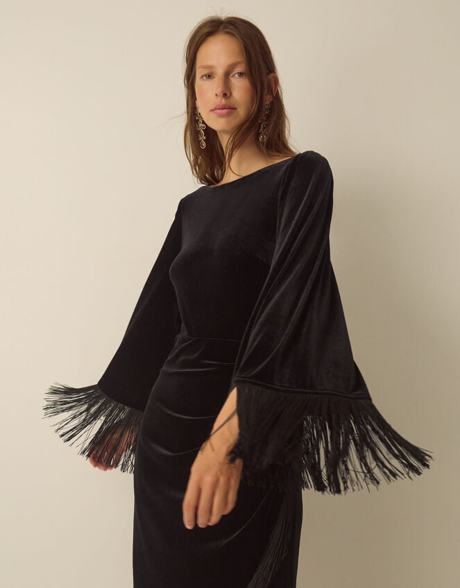 Tara Long Sleeve Fringe Velvet Midi Dress, Black (BLACK), large