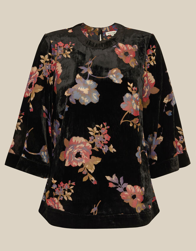 Abril Floral Devor&eacute; Velvet Top , Black (BLACK), large