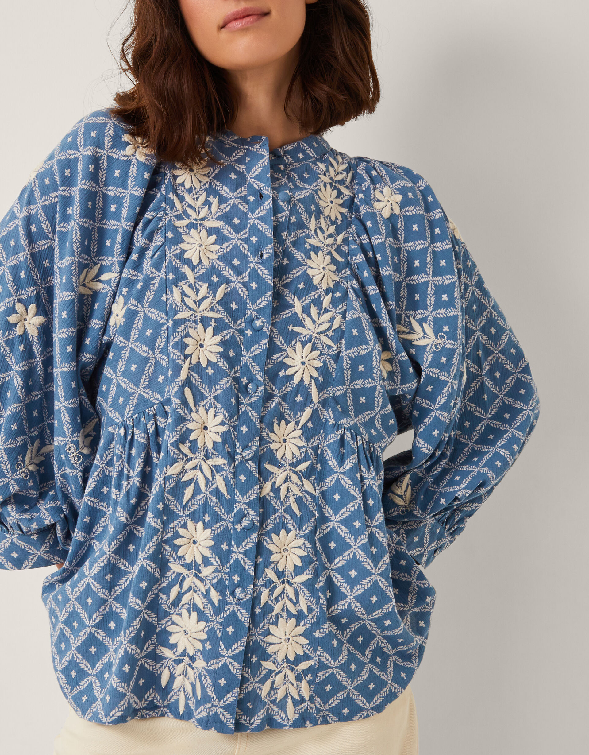 Deniz Print Embroidered Shirt Blue