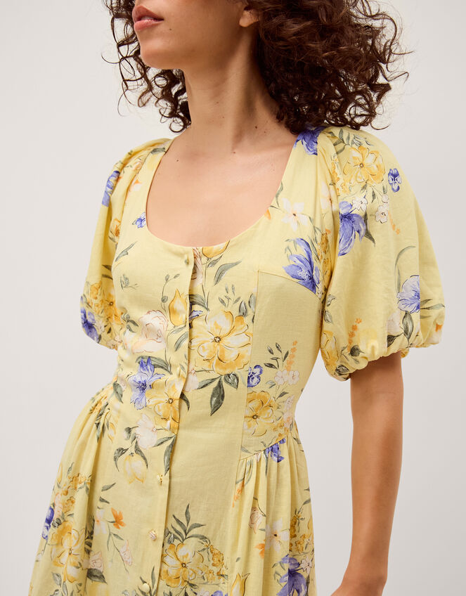 Etta Floral Linen Blend Midi Dress, Yellow (YELLOW), large
