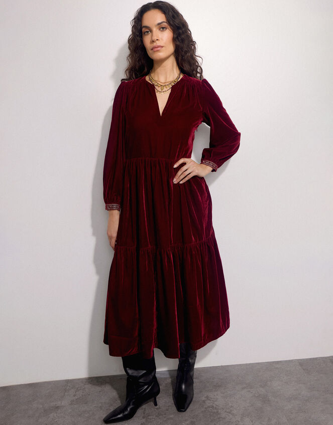 East Velvet Tiered Dress, Red (RED), large