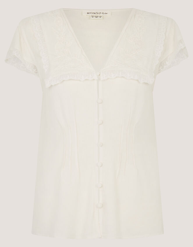 Frannie Square Collar Linen Blend Top, Ivory (IVORY), large