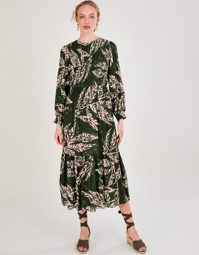Leilani Shirred Print Midi Dress Green