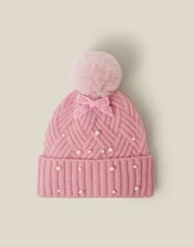 Pearl Cable Knit Bobble Hat, Pink (PINK), large