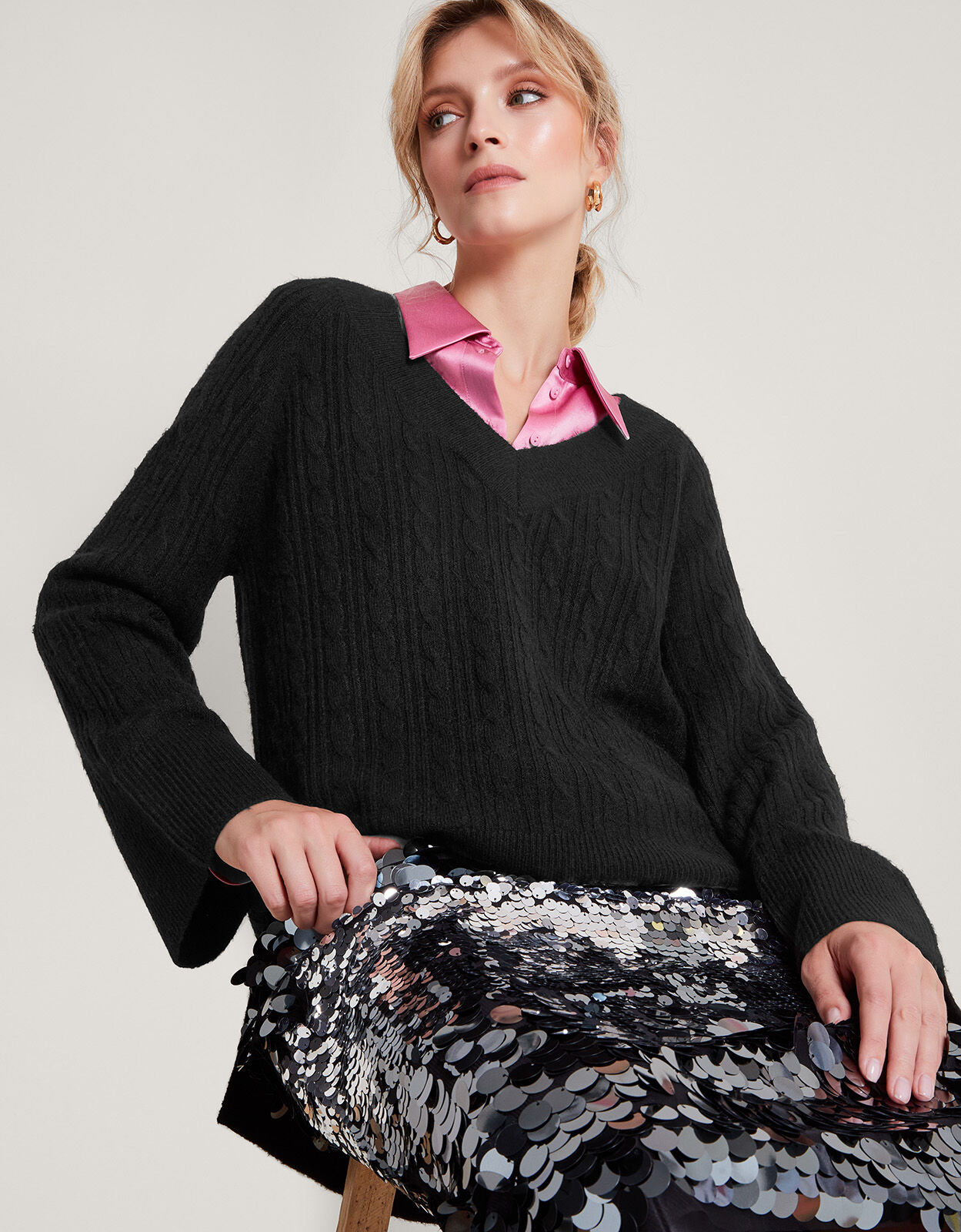 V Neck Cable Longline Jumper with Recycled Polyester Black