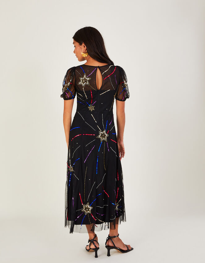 Zoey Embellished Star Midi Dress in Recycled Polyester, Black (BLACK), large