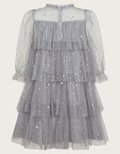 Foil Star Tulle Tiered Dress, Grey (GREY), large