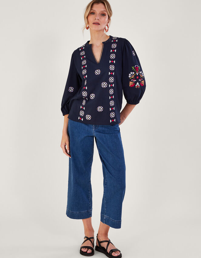 Embroidered Jersey Top, Blue (NAVY), large