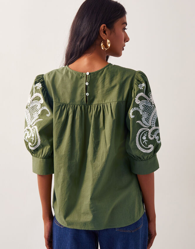 Noemi Embroidered Cotton Top, Green (KHAKI), large