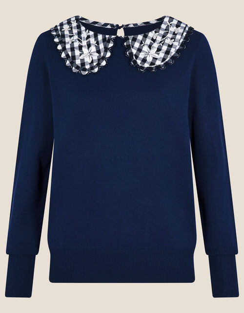 Yasmine Gingham Collar Jumper in Recycled Polyester, Blue (NAVY), large