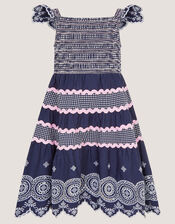 Broderie Smocked Jersey Dress, Blue (NAVY), large