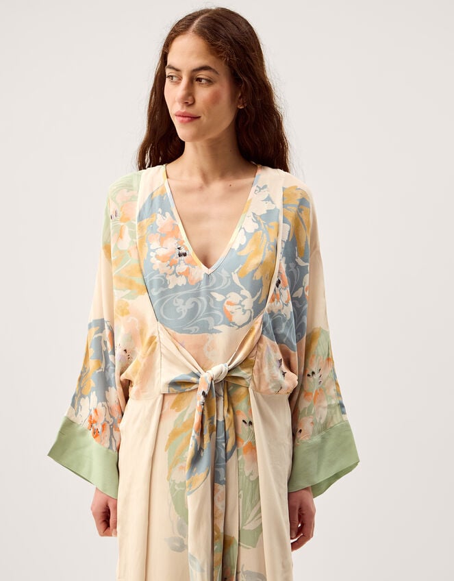 Clemence Amelie Tie Front Floral Midi Dress, Cream (CREAM), large