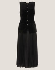 Vanessa Sleeveless Velvet Pleated Midi Dress, Black (BLACK), large