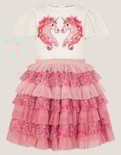 Sequin Unicorn Ruffle Tiered Dress, Pink (PINK), large