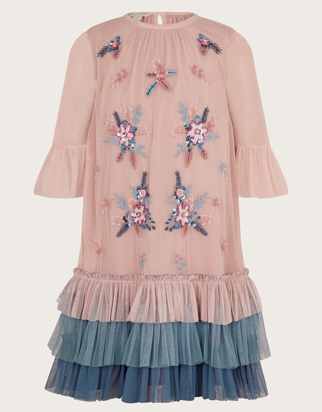 Floral Embellished Tulle Trapeze Dress, Pink (PINK), large
