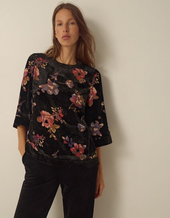 Abril Floral Devor&eacute; Velvet Top , Black (BLACK), large
