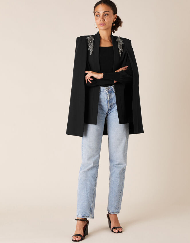 Constantina Beaded Brooch Cape Jacket, Black (BLACK), large