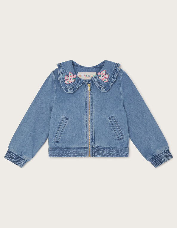 Embroidered Denim Bomber Jacket, Blue (BLUE), large