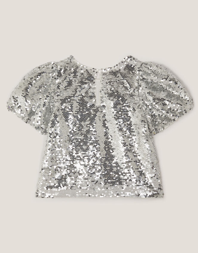 Sequin Puff Sleeve Top, Silver (SILVER), large