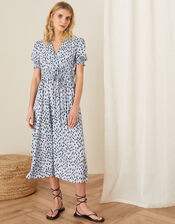 Printed Ruched Midi Dress, Blue (BLUE), large