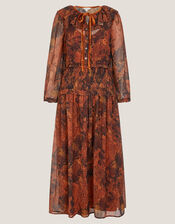 Synthia Snake Print Smocked Midi Dress, Yellow (OCHRE), large