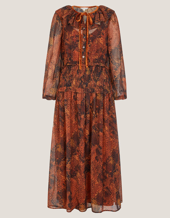 Synthia Snake Print Smocked Midi Dress, Yellow (OCHRE), large