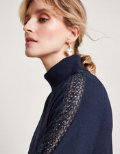 Lace Insert Polo Jumper with Recycled Polyester, Blue (NAVY), large