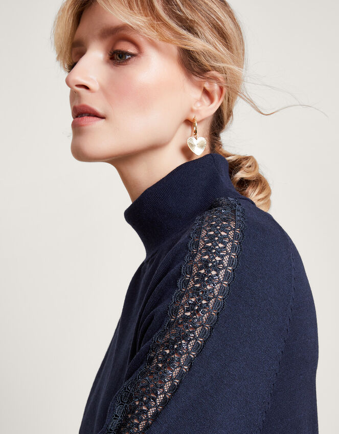 Lace Insert Polo Jumper with Recycled Polyester, Blue (NAVY), large