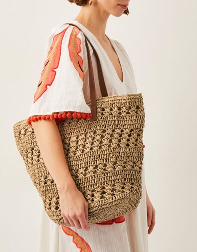 Amber Raffia Crochet Tote Bag, , large