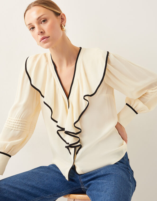 Lennox V-Neck Ruffle Blouse, Ivory (IVORY), large
