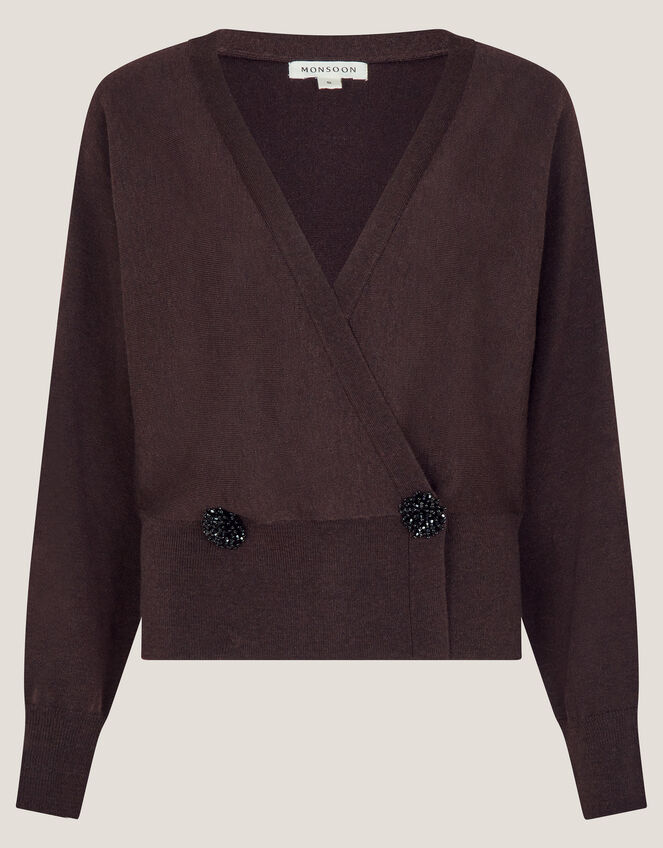 Thea Embellished Wrap Jumper, Brown (CHOCOLATE), large