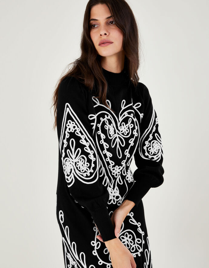 Heart Cornelli Embroidery Knit Dress Black Day Dresses Monsoon UK.