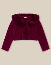 Faux Fur Collar Cardigan, Red (BURGUNDY), large
