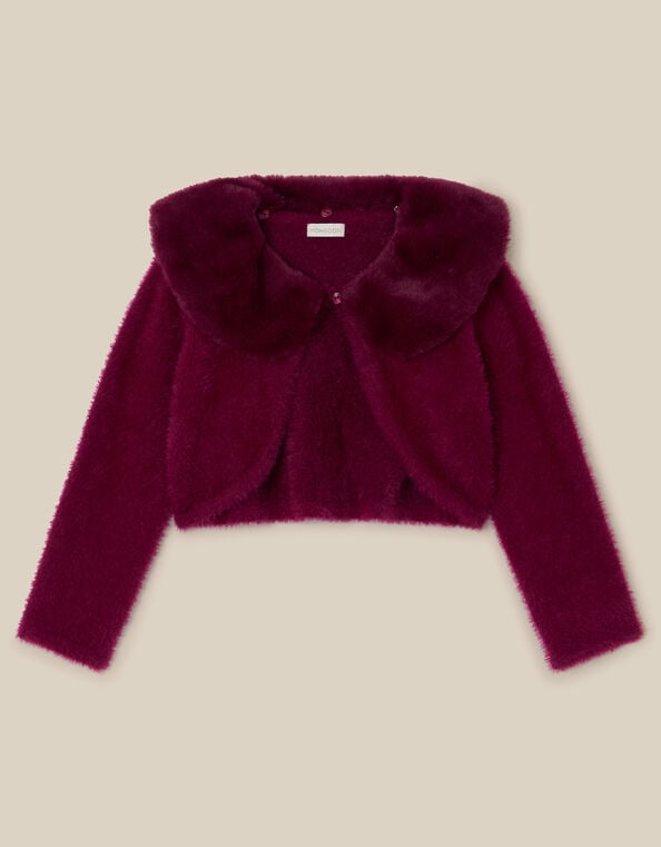 Faux Fur Collar Cardigan, Red (BURGUNDY), large