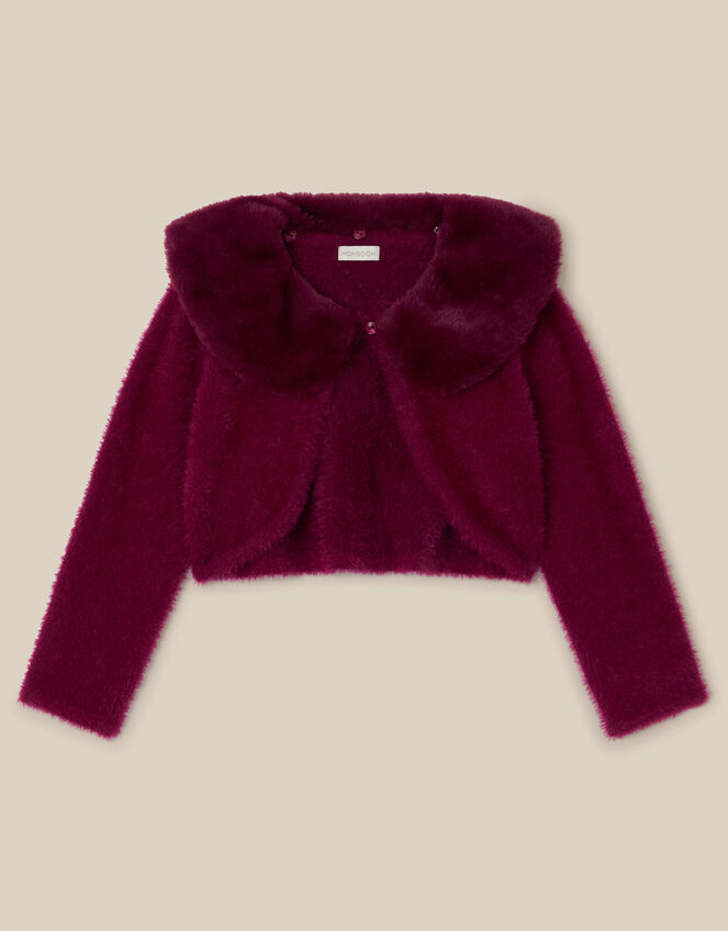 Faux Fur Collar Cardigan, Red (BURGUNDY), large