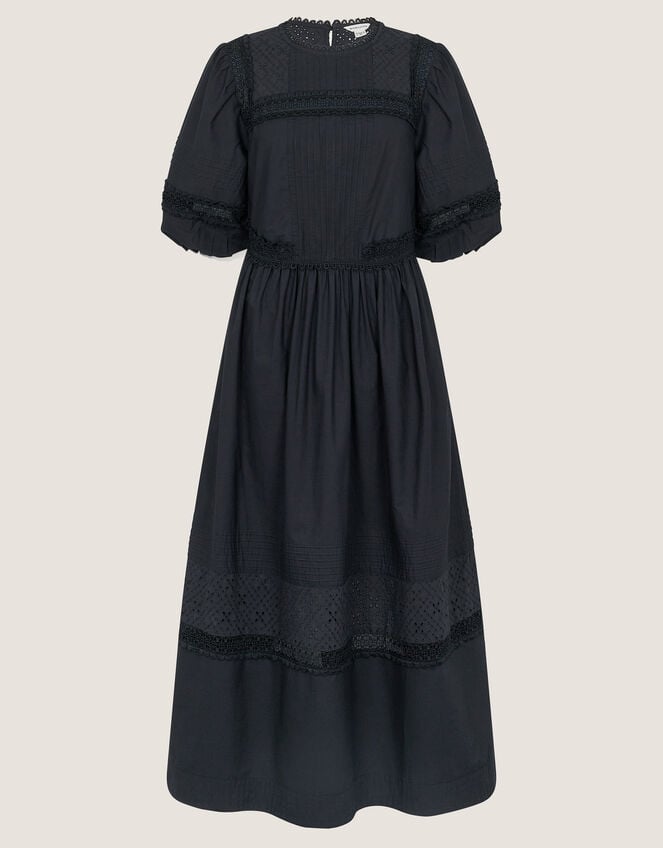 Odilia Broderie Puff-Sleeve Midi Dress, Black (BLACK), large