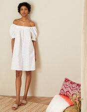 Short Sleeve Square Neck Schiffli Tunic , White (WHITE), large