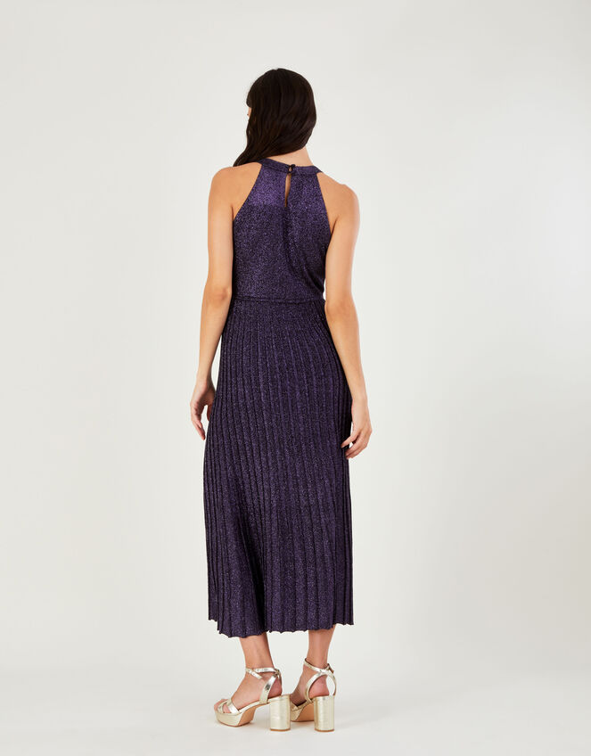 Metallic Midi Halter Neck Dress with Recycled Polyester, Purple (PURPLE), large