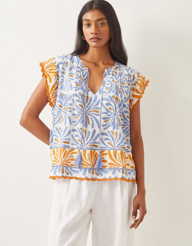 Cece Woodblock Print Top Blue