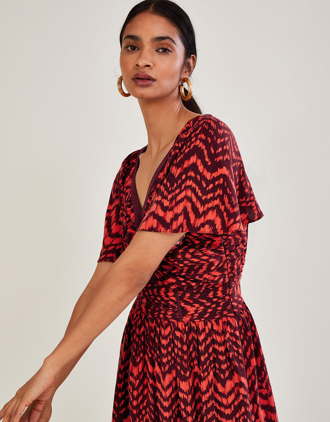 V-Neck Zig-Zag Animal Print Dress, Red (RED), large