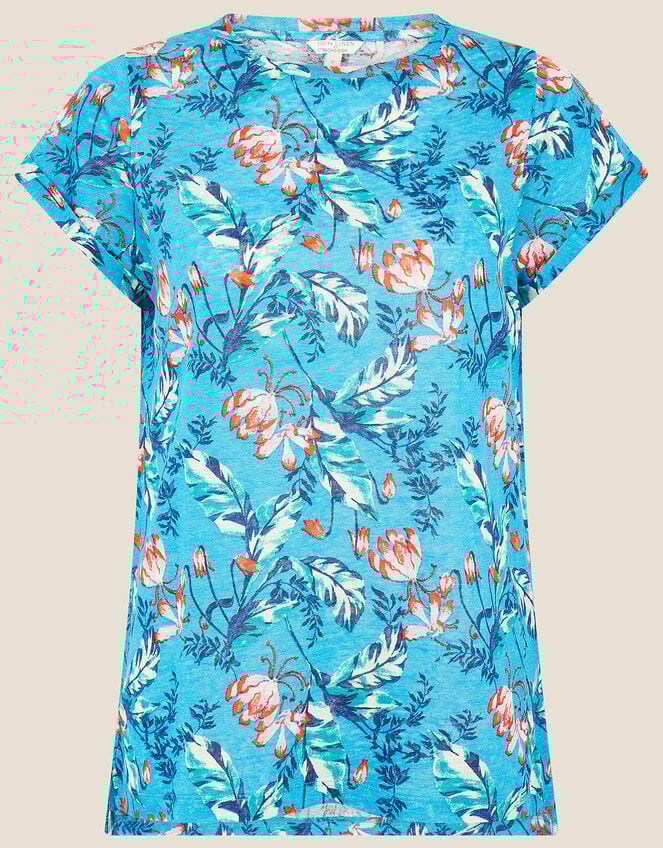 Brady Printed Top in Pure Linen, Blue (BLUE), large