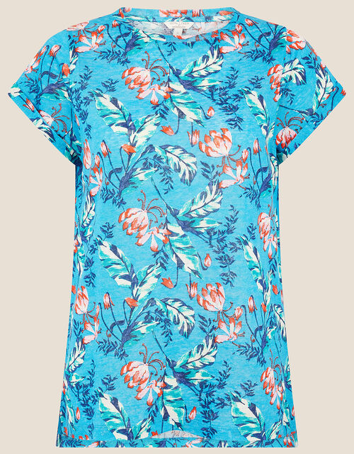 Brady Printed Top in Pure Linen, Blue (BLUE), large