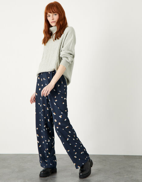 Floral Print Straight Leg Trousers Blue, Blue (NAVY), large