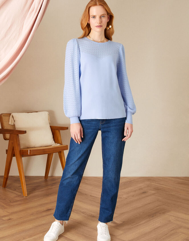 Pointelle Detail Pleat Sleeve Jumper, Blue (BLUE), large