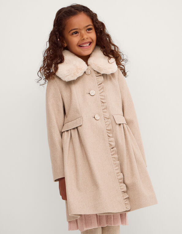 Faux Fur Collar Frill Coat, Camel (OATMEAL), large