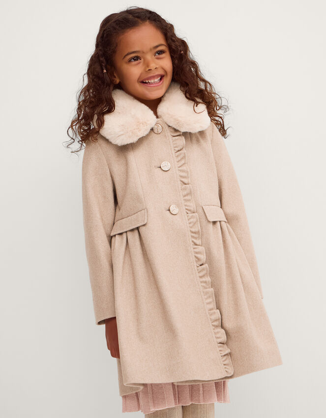 Faux Fur Collar Frill Coat, Camel (OATMEAL), large