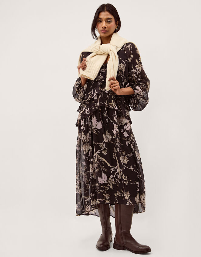 Jada Floral Print Ruffle Midi Dress, Brown (CHOCOLATE), large