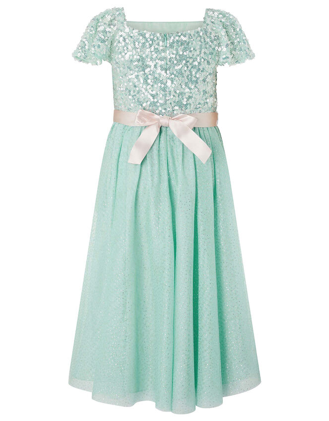 Sara Sequin Dress with Corsage Belt, Teal (DUCK EGG), large